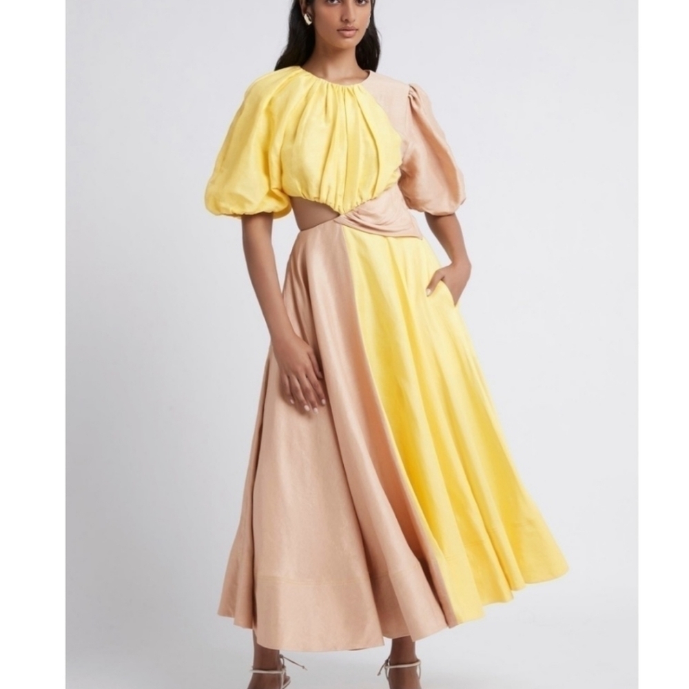 AJE Caliente Dress Yellow Two Tone Puff Sleeve US 2